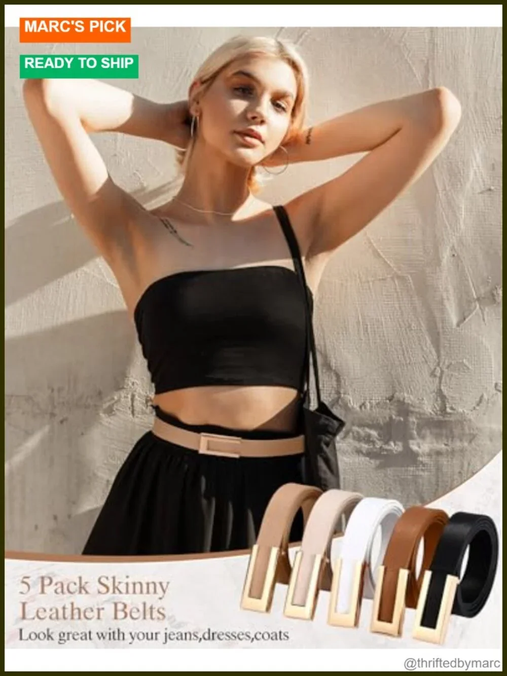 Faux Leather Skinny Belts Set - 5 Pack for Dresses Jeans Pants with Gold Buckle
